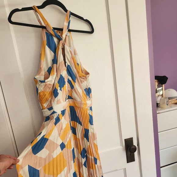 NWT Amour Vert Pleat Recycled Sateen Dress in Sonia Indigo Blue Multi - M - Picture 5 of 9